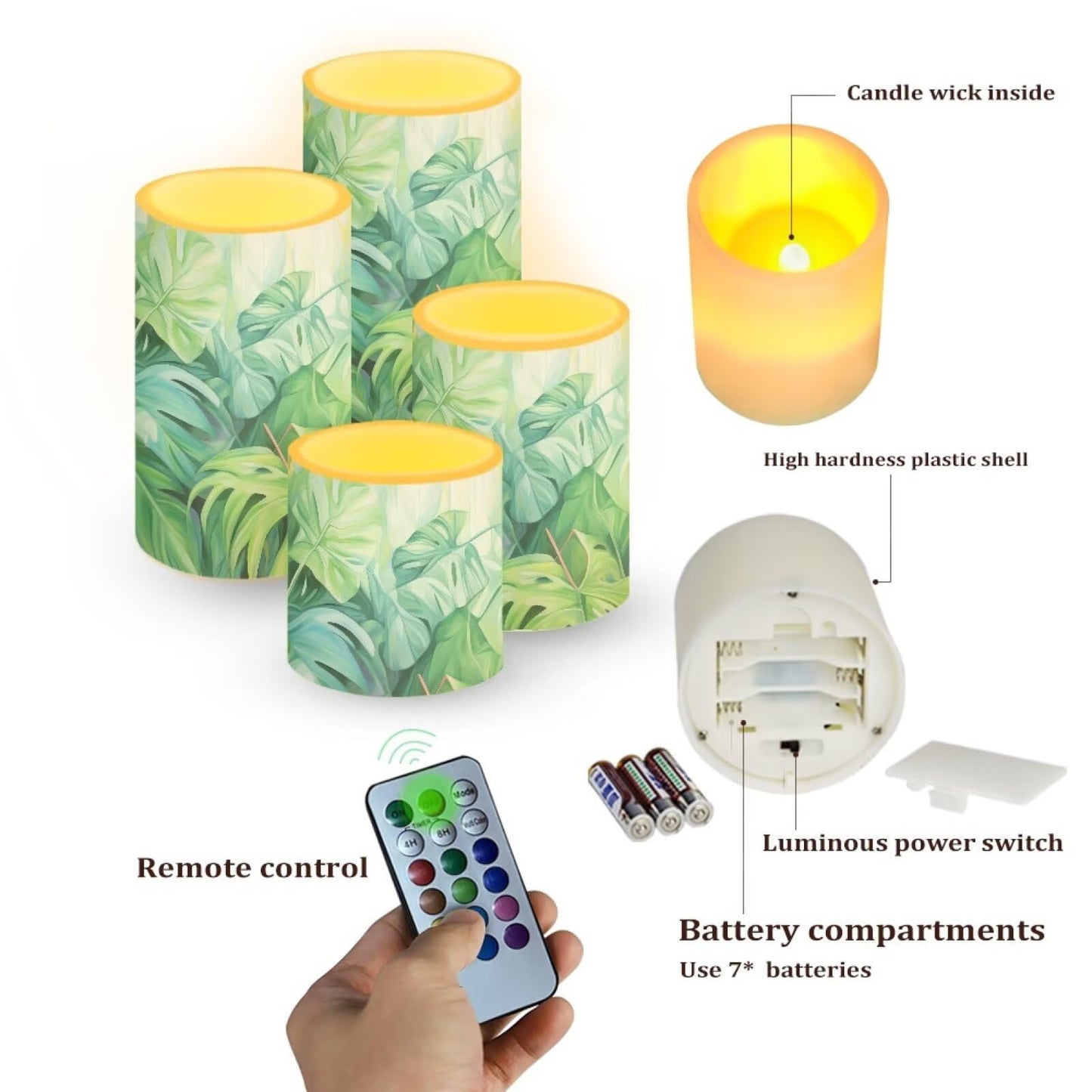 Merkmak Flickering Flamless Candles with Remote 4 Pack Battery Operated LED Pillar Candles with Timer for Outdoor Beach Wedding Coastal Home Decorations, Tropic Palm Leaves