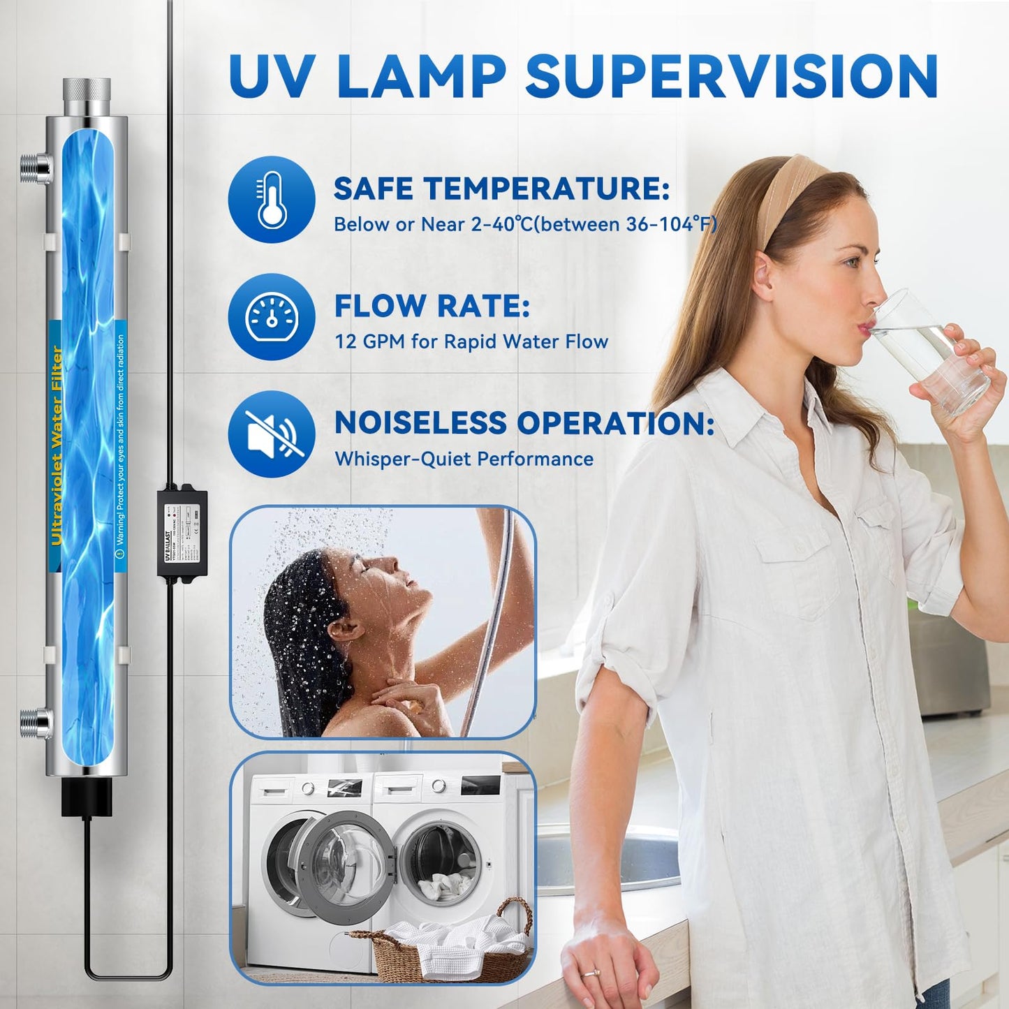UV Water Filter Whole House, 55W 120V Water Purifier Filter System for Whole House Water Purification, 12GPM, 3/4" MNPT Inlet/Outlet for Purity, +1 Extra Bulb