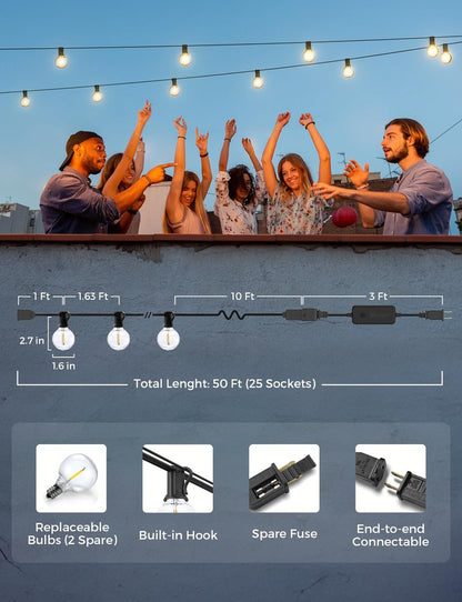 XMCOSY+ Patio Lights, Smart 50Ft Outdoor String Lights with 25 Dimmable G40 Globe Bulbs, APP Control, Work with Alexa, Connectable Waterproof LED Outdoor Light