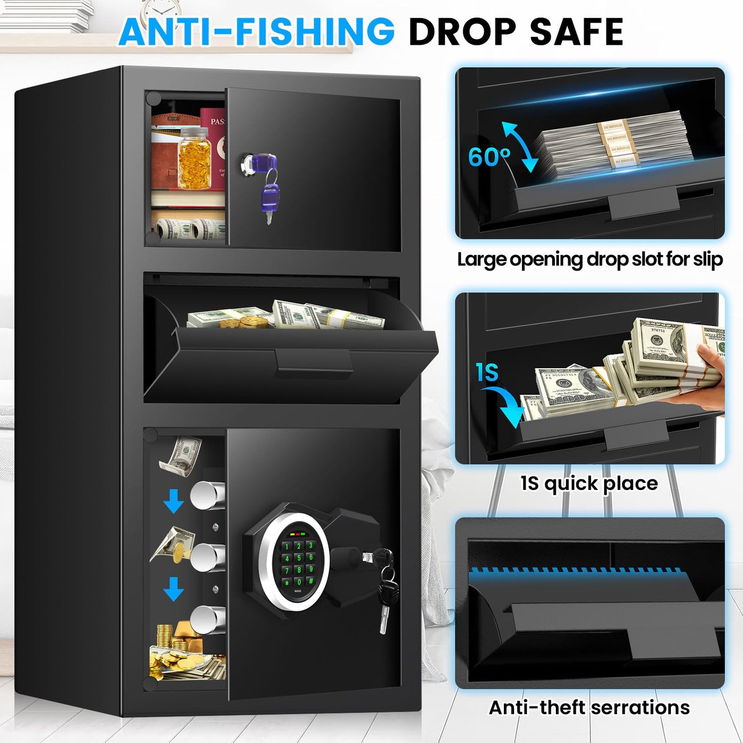 6.0 Cu ft Large Safe with Drop Slot, Anti-Theft Drop Safe Box with Quick Place Slot, Digital Keypad, Spare Keys&Smart Alarm, Heavy-duty Depository Drop Safes for Cash Business Retail Mail Church Home