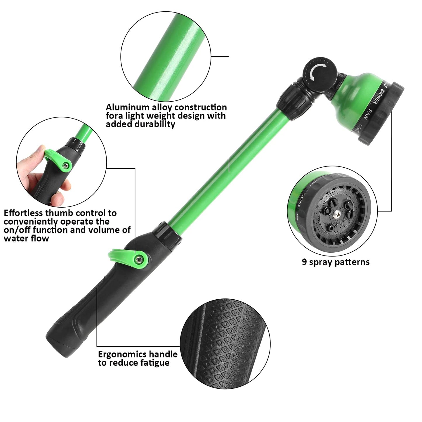 STYDDI Watering Wand 18”, Metal 9 Pattern Garden Watering Wand with Pivoting Head and Thumb Control, 18-Inch Watering Wand for Garden Hose, Ideal for Watering Hanging Basket and Shrubs, Flower, Green