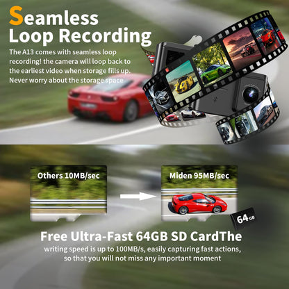 Dash Cam Front and Rear: 4K Dual Channel Dash Cam - 5GHz WiFi, Dash Camera for Cars with 64GB Card, 2.0" IPS Screen, App Control, G-Sensor, Loop Recording, 170° Wide Angle, Night Vision, Parking Mode