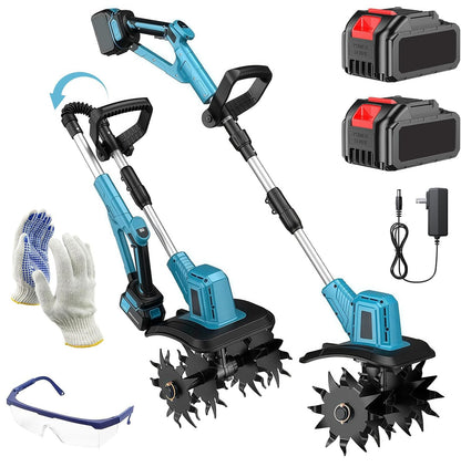 21V Cordless Tiller Cultivator, 300RPM Electric Garden Tiller, 2×4.0AH Batteries & Fast Charger Lightweight Rototiller 12" Width, 8" Depth for Lawn/Soil/Plowing/Weeding/Farm