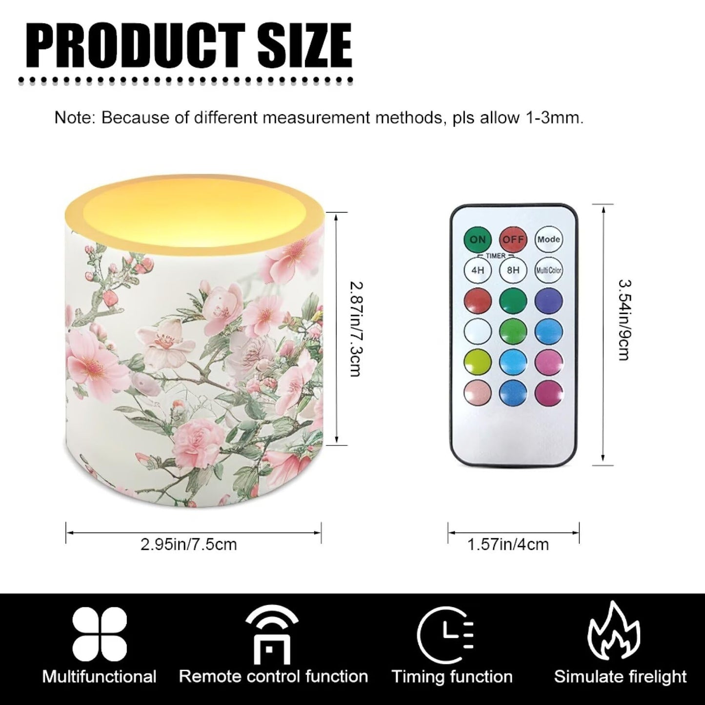 NETILGEN Flickering Flameless Candles with Remote Timer Control Pack of 4 Battery Operated LED Pillar Candles 3 inch Flameless LED Candles Pink Flowers Print