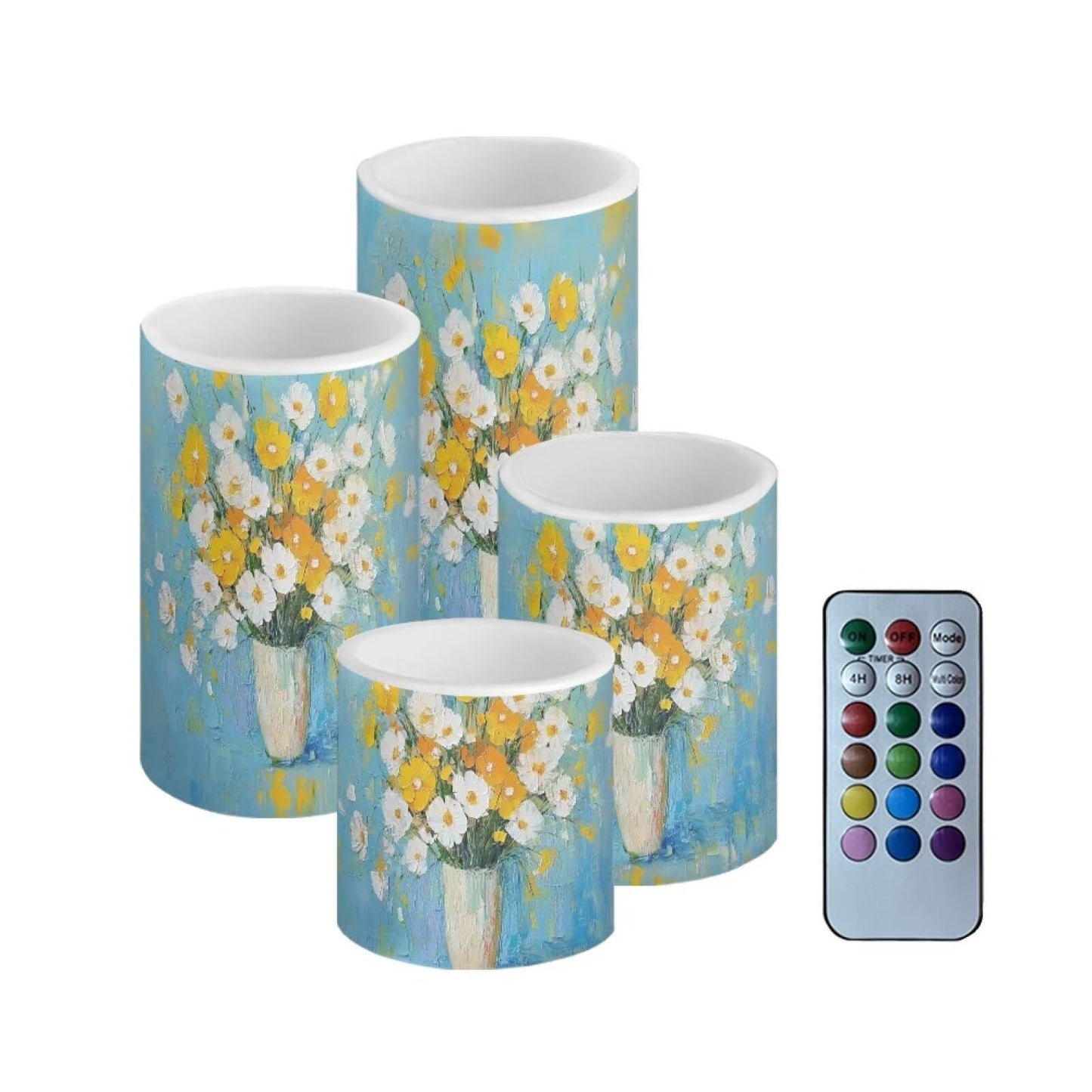 Cozeyat Oil Painting Flower Flameless Candles 4 Pack Battery Operated LED Pillar Candles with Remote Control Timer Color Changing for Indoor Outdoor Home Wedding