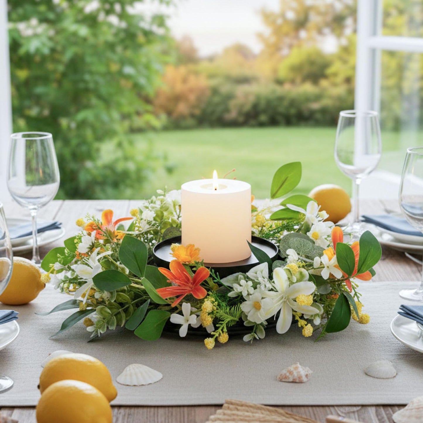 MOYEE Summer Candle Holder Centerpieces for Tables,Candle Ring, Black Metal Candlestick with an Artificial Wreath 14 in Versatile Dining Table Centrepiece (Red Flower Green Leaf Wreath)