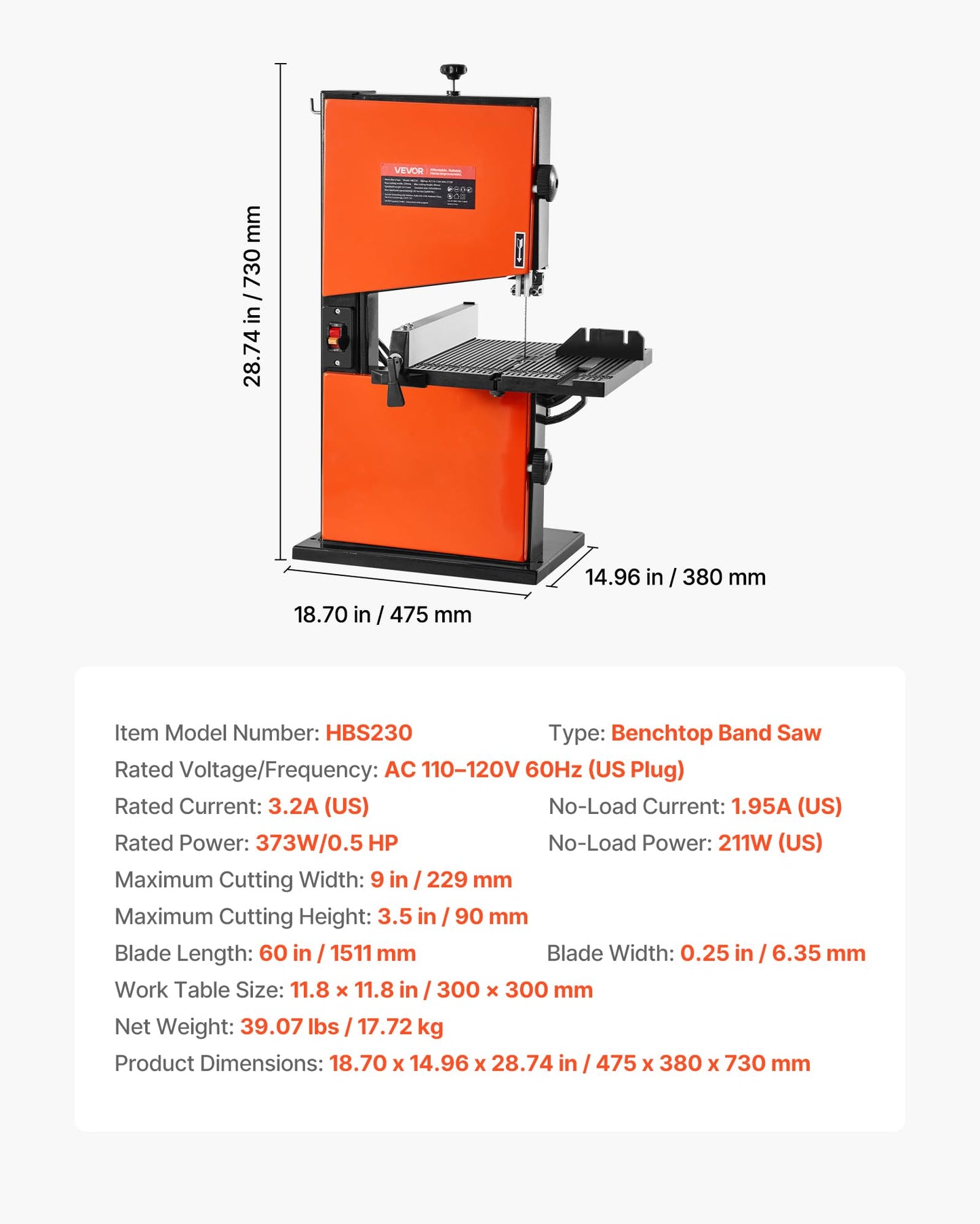 VEVOR Band Saw, 9-Inch, Woodworking Benchtop Bandsaw with 1/2 HP Motor, 3.5-Inch Max Cutting Height, 11.8 x 11.8 in Cast Aluminum Table, 0-45° Tilting Range, with Miter Gauge, Fence, for Woodworking