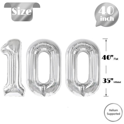 Silver Number 100 Balloon 40 inch, 100 Number Balloons, 100th Silver Birthday Decorations for Girls Boys Kids, 100 Year Old Women Men Party Supplies