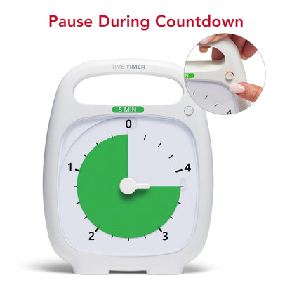 TIME TIMER PLUS 5 Minute Desk Visual Timer - Countdown Timer with Portable Handle for Classroom, Office, Homeschooling, Study Tool with Silent Operation (White)