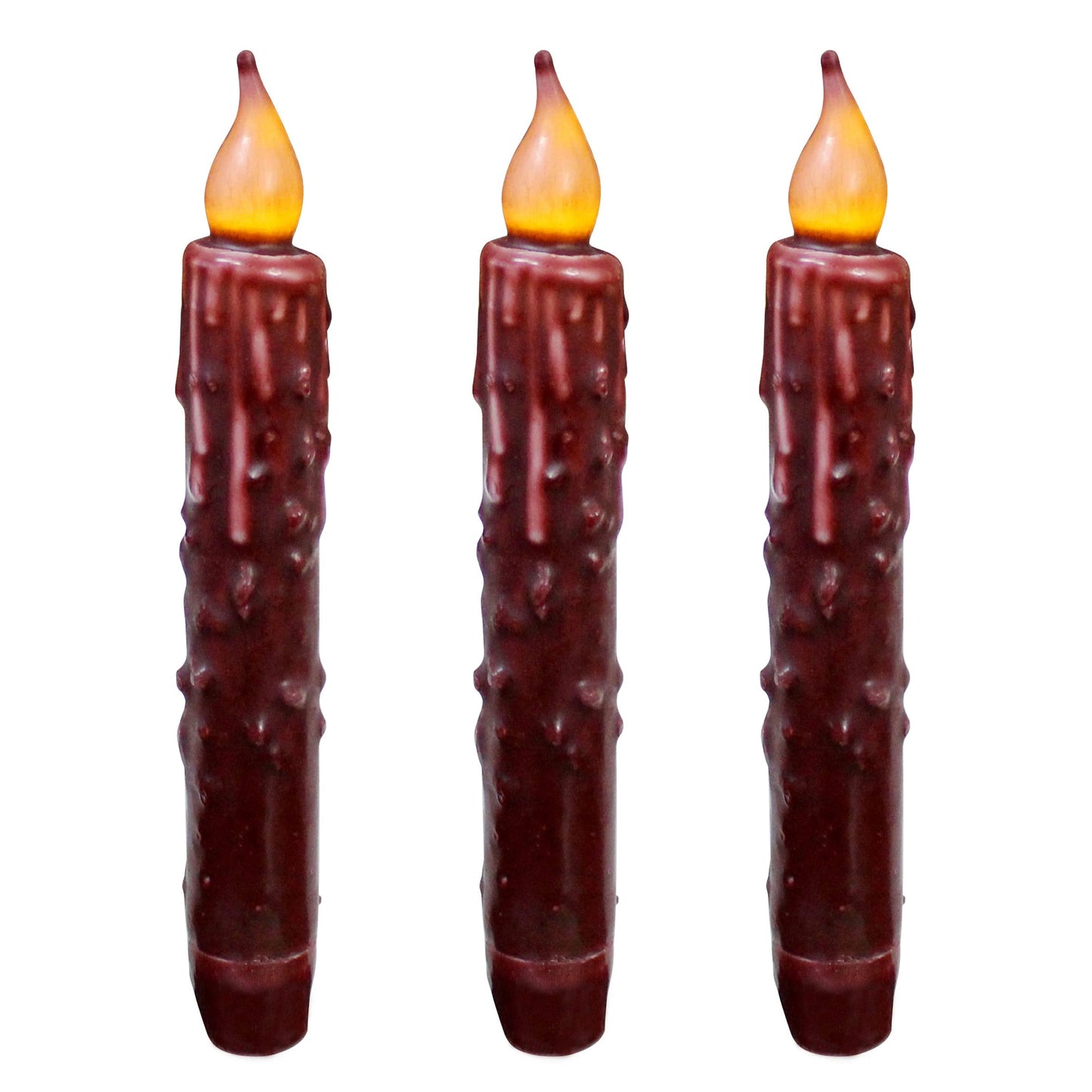 CVHOMEDECO. Real Wax Hand Dipped Battery Operated LED Timer Taper Candles Country Primitive Flameless Lights Décor, 6-3/4 Inch, Burgundy, 3 PCS in a Package
