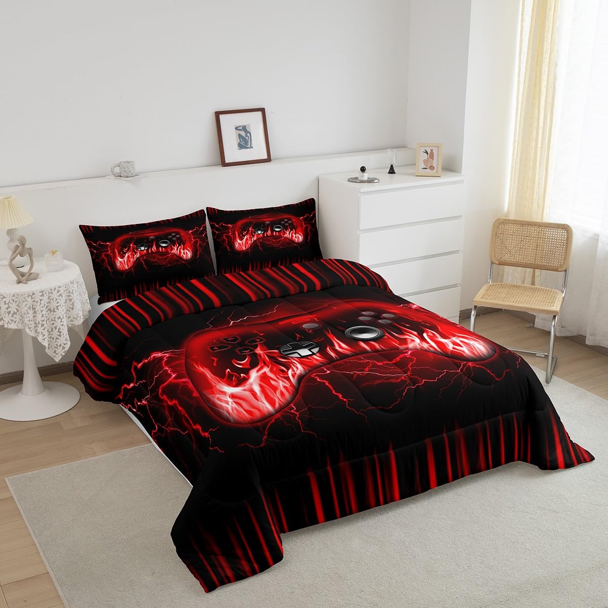 Feelyou Kids Gaming Comforter Set,Boys Gamer Bedding Set Full Size,Teens Bedroom Room Decor,Red and Black Game Contoller Comforter,Geometric Fire Ombre Game Bed Set All Season for Game Lovers