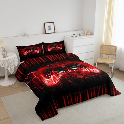 Feelyou Kids Gaming Comforter Set,Boys Gamer Bedding Set Full Size,Teens Bedroom Room Decor,Red and Black Game Contoller Comforter,Geometric Fire Ombre Game Bed Set All Season for Game Lovers