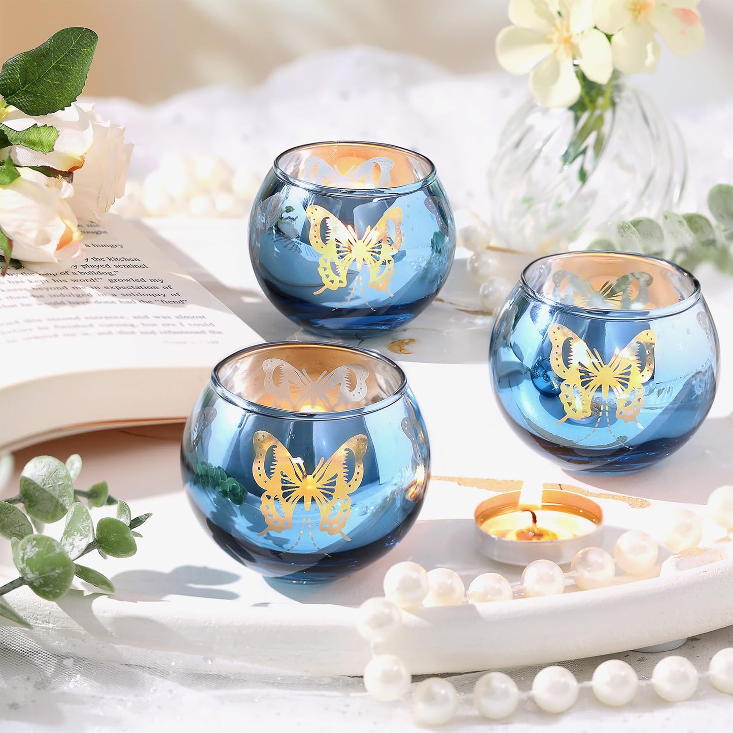 Blue Votive Candle Holders Set, 12 PCS Tea Lights Candle Holder Decorative Bulk with Butterfly Pattern, Candle Holders for Wedding, Blue Bridal Shower, Parties, and Holiday Decorations