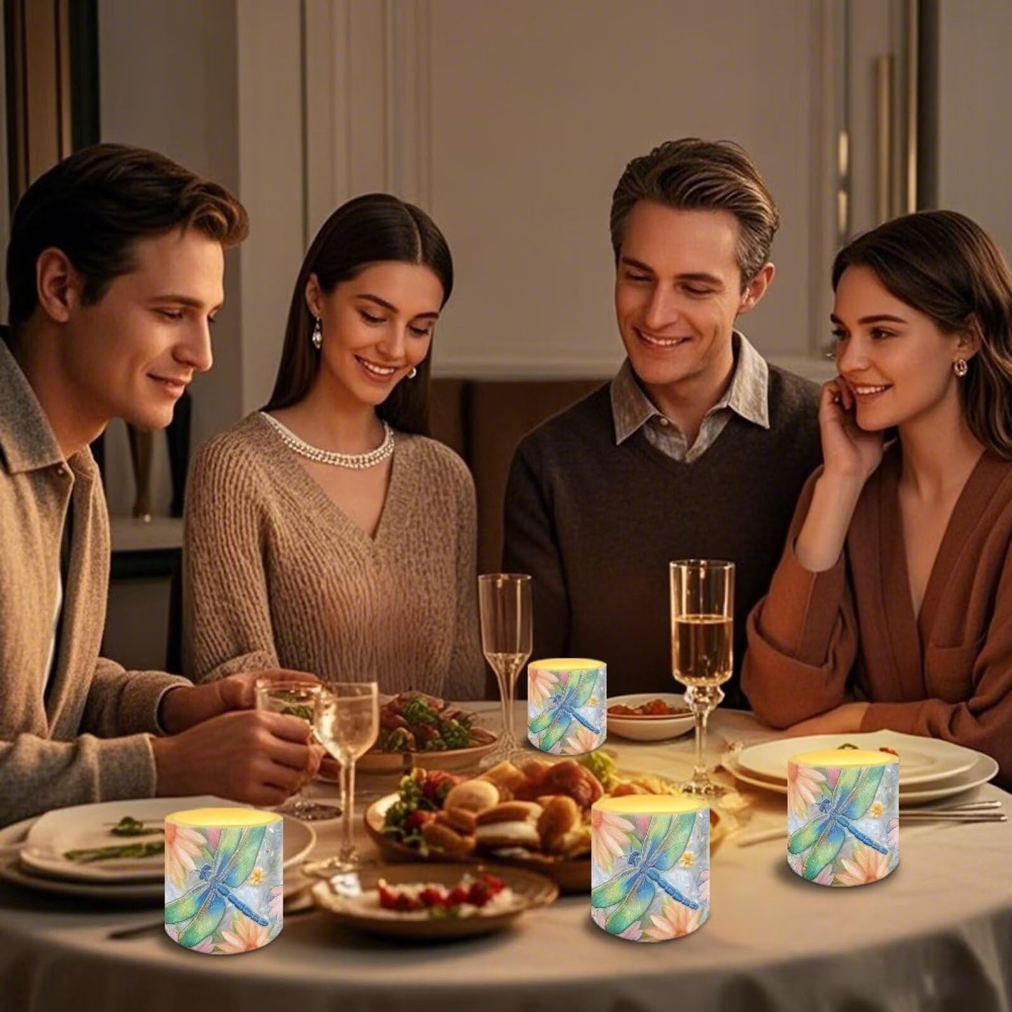 Cozeyat Floral Dragonfly Bedroom Decor LED Candles Set of 4 Battery Powered Flameless with Remote Timer Dancing Flame Waterproof for Home Patio Garden Table