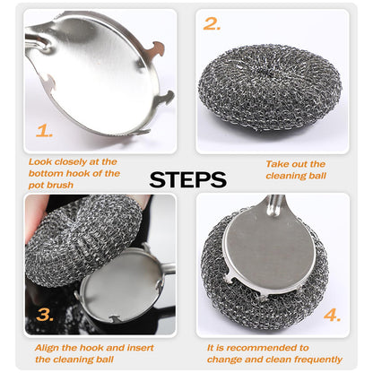 Heavy Duty Stainless Steel Scrubber Set - Long & Short Handle with 5 Steel Wool Pads, Cast Iron & Pot Scrubber for Dishes, Pans, Grills, Stoves