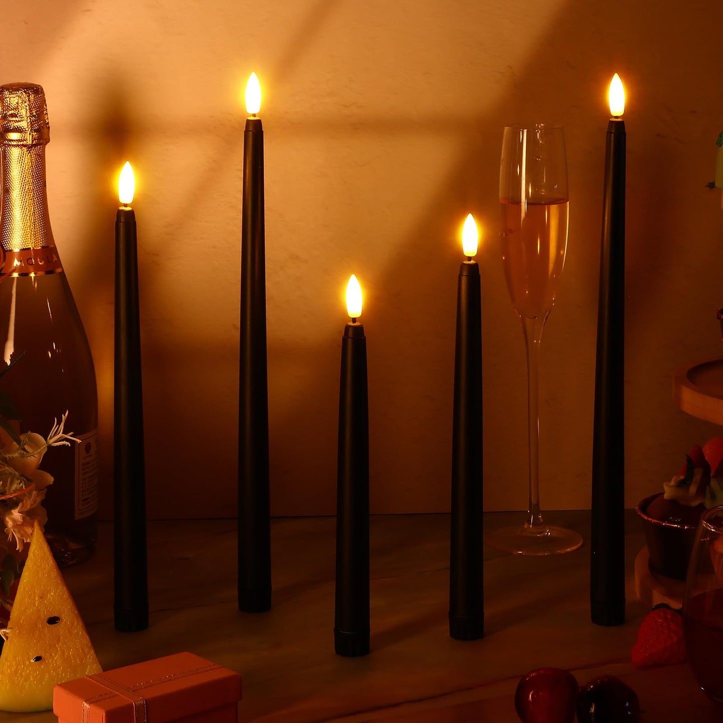 Rossesay 48 Pcs Flameless LED Taper Candles Battery Operated Candles 4 Sizes of 8.5'', 9.65'', 10.83'', 12.8'' Flameless Candlesticks Flickering for Halloween Christmas Church Wedding(Black)