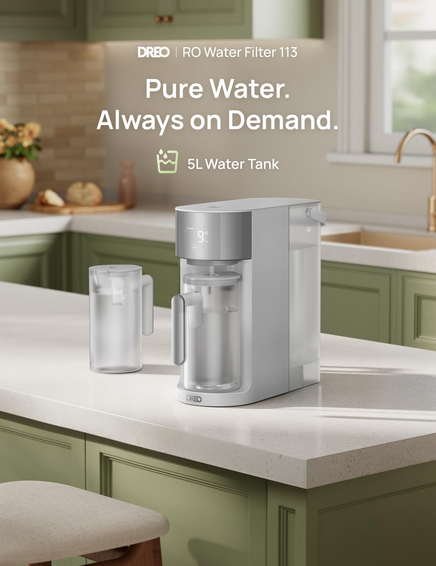 DREO Reverse Osmosis Water Filter Countertop, RO Filtration System, 3:1 Pure to Drain, TDS & Filter Life & 2 Autofill Pitchers, Install-Free, Self-Cleaning Water Purifier, RO Water Filter