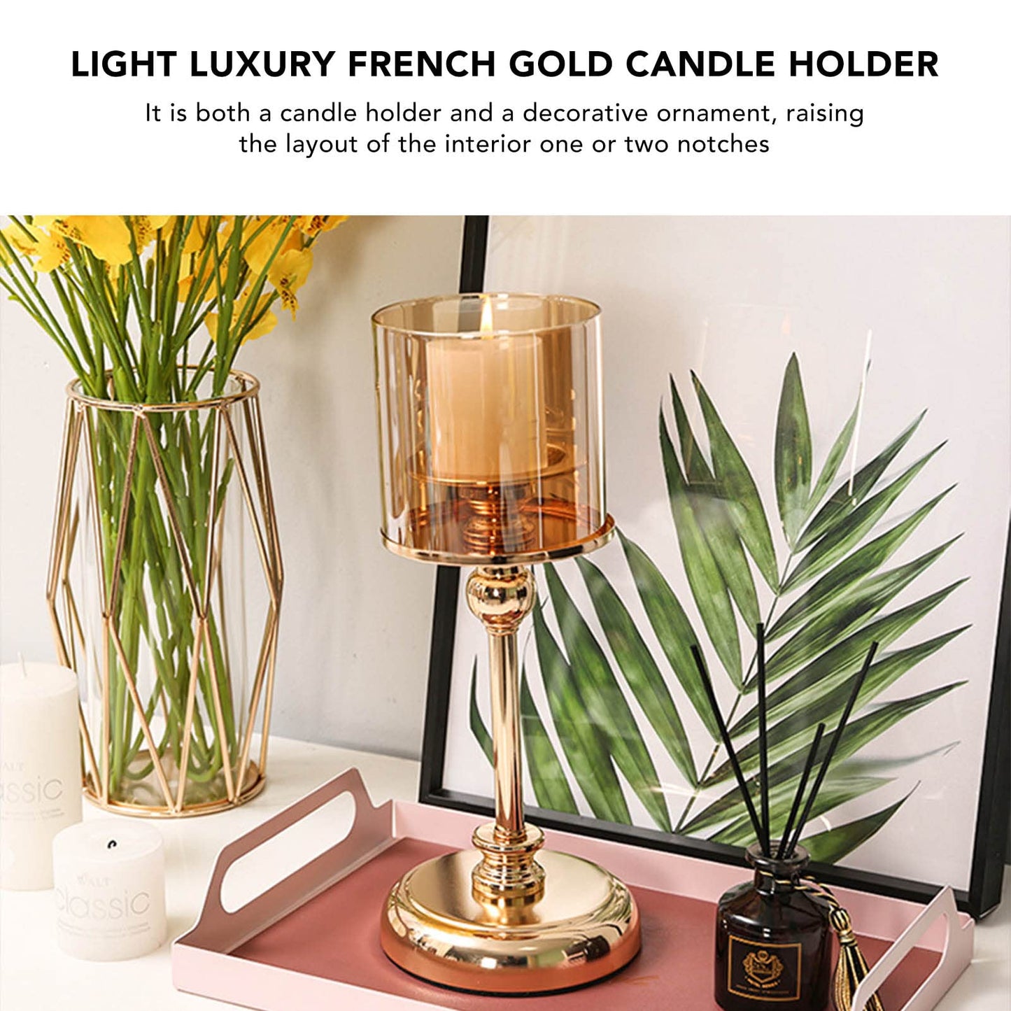 Champagne Gold Candle Holder, Light Luxury French Candlestick Ornament Romantic Candlelight Table Holder for Wedding, Dining Room Decorative Props