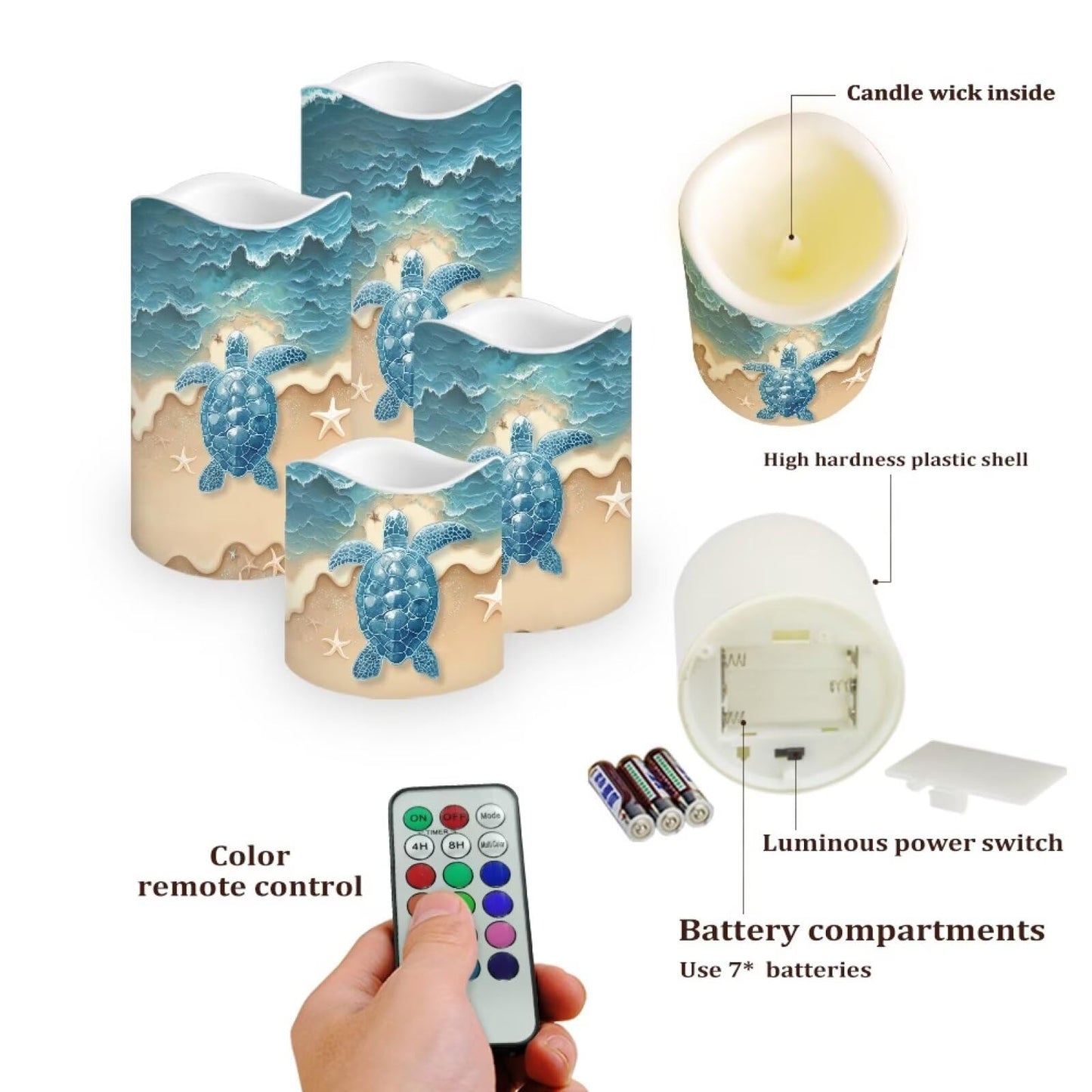 Cozeyat Beach Dolphin LED Pillar Candles 4 Pack Battery Operated Flameless with Remote Control Timer Color Changing for Wedding Birthday Home Garden