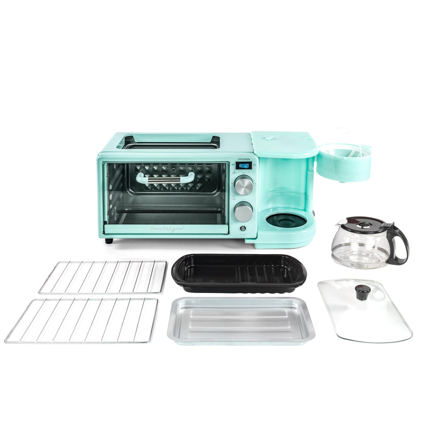 Nostalgia 3-in-1 Breakfast Station - Includes Coffee Maker, Non-Stick Griddle, and 4-Slice Toaster Oven - Versatile Breakfast Maker with Timer - Aqua