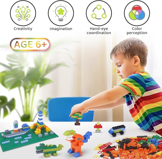 1100 Pieces Building Bricks Compatible with Lego Classic Building Blocks Bulk with Baseplates Doors Windows and Wheels STEM Creative Construction Toys for 6 7 8 9 10 11 12 Year Old