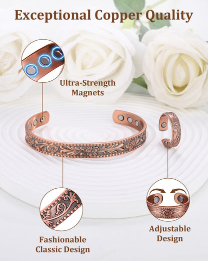 BioMag 99.99% Pure Copper Bracelet&Ring for Men and Women, Adjustable Magnetic Bracelet & Ring with 3500 Gauss Magnets, Vintage Flower Design, Jewelry Christmas Gift