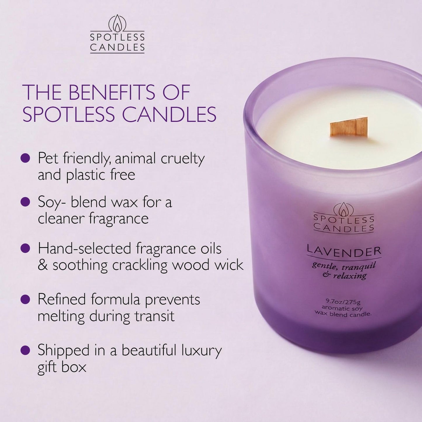 Lavender Candle; 9.7 oz:, 55 Hrs Burn Time, Soy Wax Purple Frosted Jar with Crackling Wooden Wick & Luxury Gift Box: Lavender Scented Candle by Spotless Candles