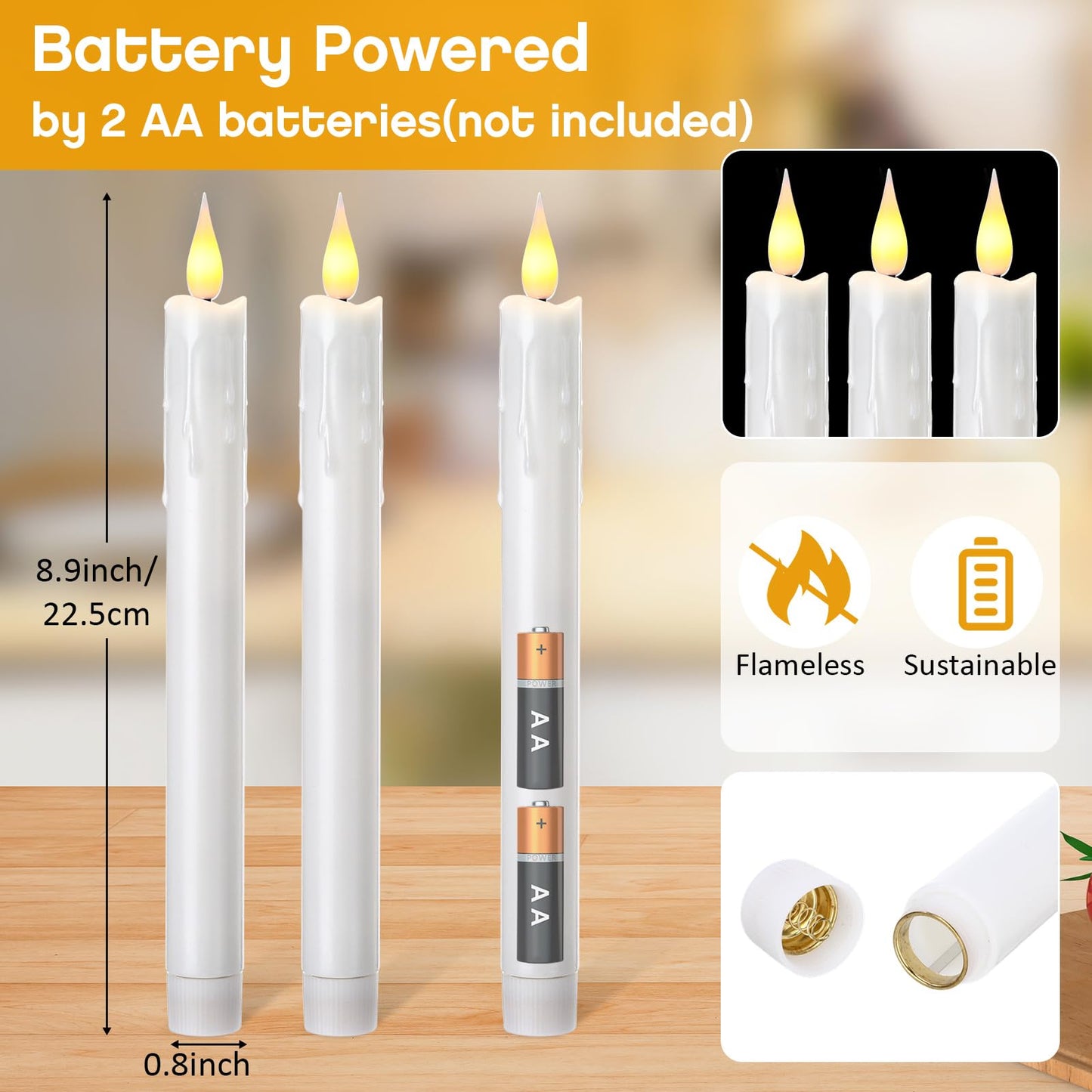 Baquler 50 Pcs 8.9 Inch White Flameless Taper Candles Dripless Battery Operated LED Flickering Candlesticks Window Candle with 3D Flickering Flame for Easter Home Wedding Church Decor
