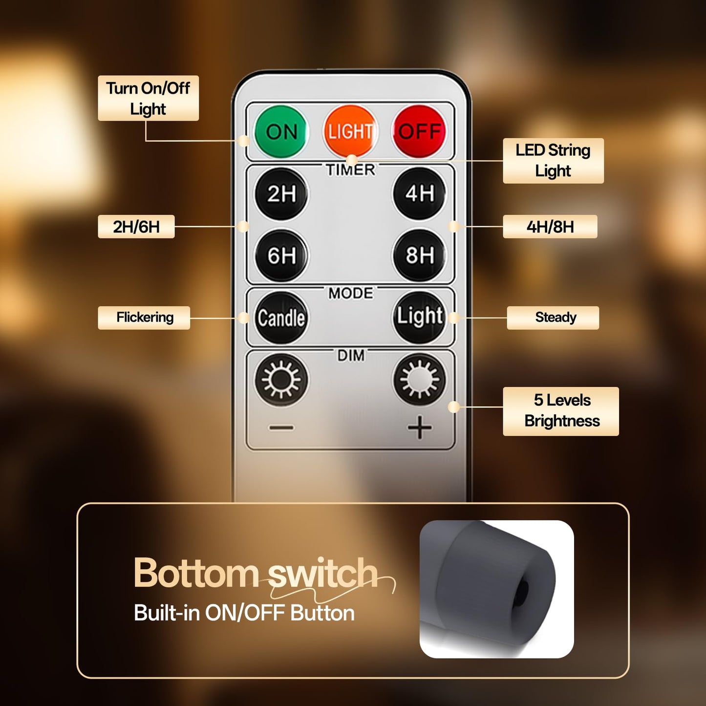 Rlojru 3PCS Flameless Taper Candles Grey Black Battery Operated, with Embedded Fairy String Lights, LED Flickering Flame Candle, Remote Control,Timer for Wedding, Birthday Party, Prom, Home Decoration