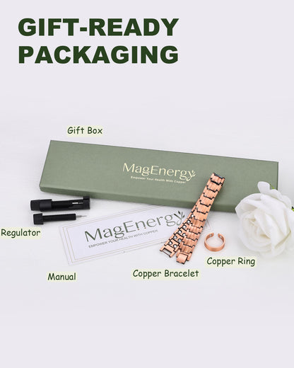 MagEnergy Copper Magnetic Bracelet for Men, 99.9% Pure Copper Bracelet with Double-Row Strength Magnets, Adjustable Jewelry with Sizing Tool