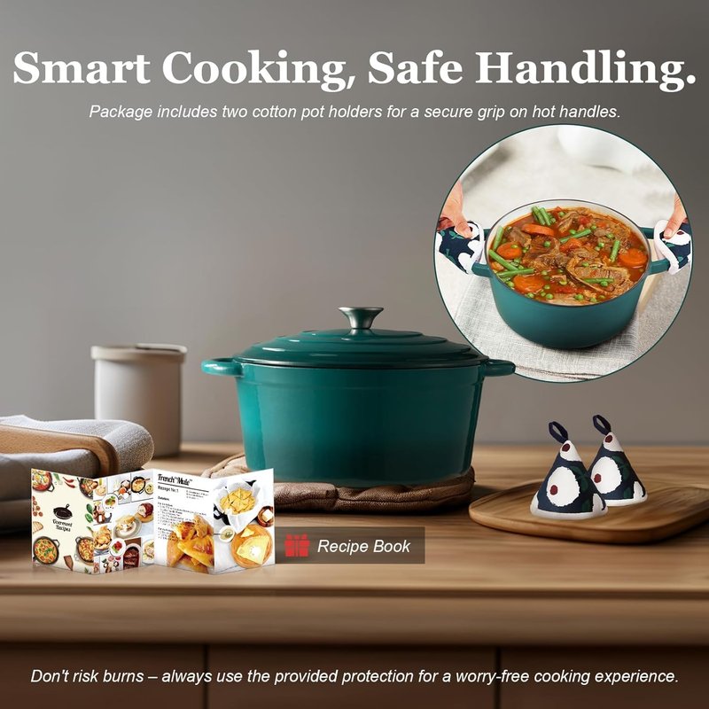 Overmont Enameled Cast Iron Dutch Oven - 5.5QT Pot with Lid Cookbook & Cotton Potholders - Heavy-Duty Cookware for Braising, Stews, Roasting, Sourdough Baking bottle green