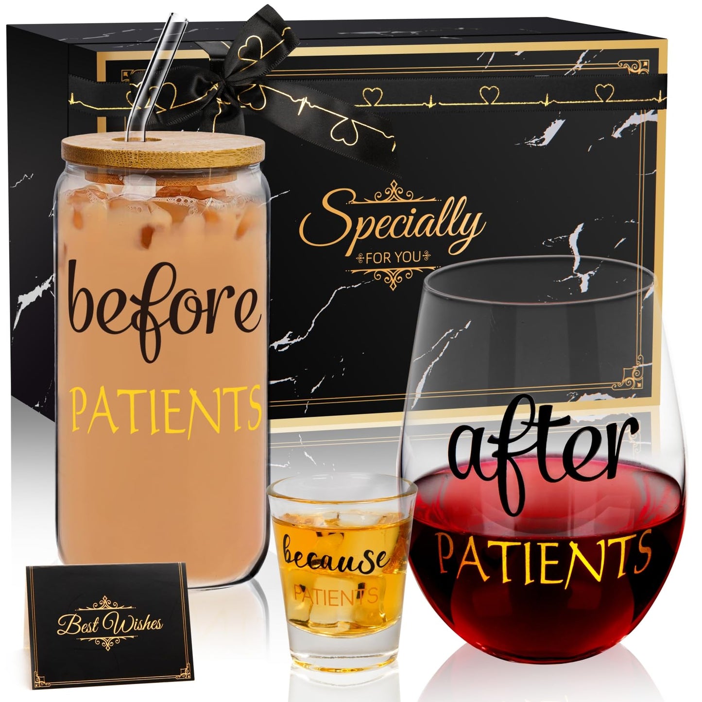 PUGED Before After Because Patients Gift Set 16 Oz Can Glass 18 oz Stemless Wine Glass and 2 oz Shot Cup Funny Gifts for Dentist Doctors Nurses Day Graduation (Black)