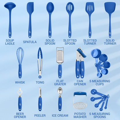 Kaluns Silicone Kitchen Utensils Set 24 Pcs Cooking Utensils Set - Can Opener, Masher, Turner, Spatula 446°F Heat Resistant Non-Stick - Premium Silicone and Stainless Steel Utensil Set