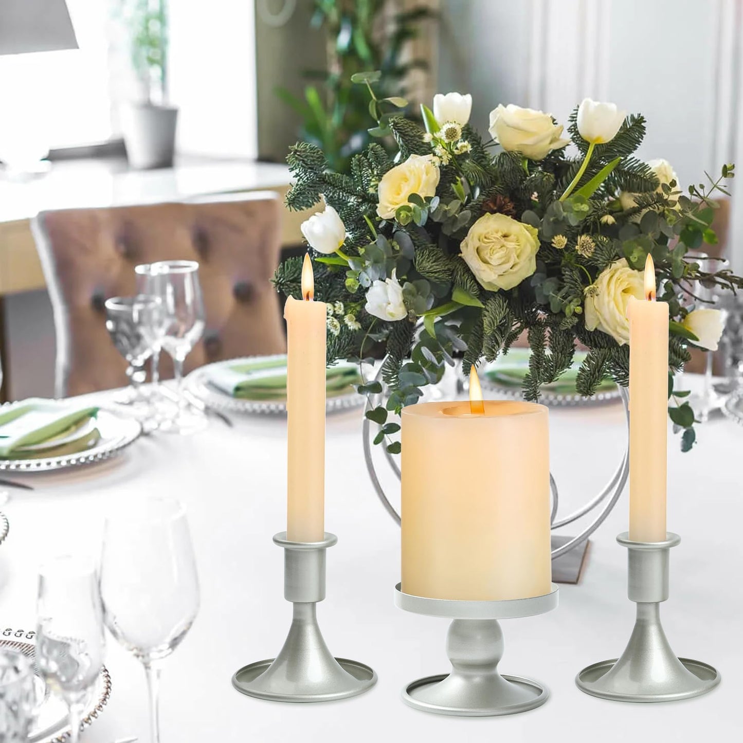 Unity Candle Holder - Unity Candle Holders for Weddings, Metal Unity Candlestick Holder Set of 3, Decorative Unity Candle Stand for Wedding Ceremony Table Centerpiece Decoration Gift (Silver)