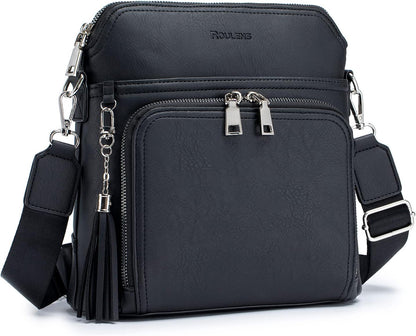Roulens Crossbody Purse for Women Vegan Leather Medium Crossbody Wallet Bag for Travel Women Shoulder Handbags with Tassel