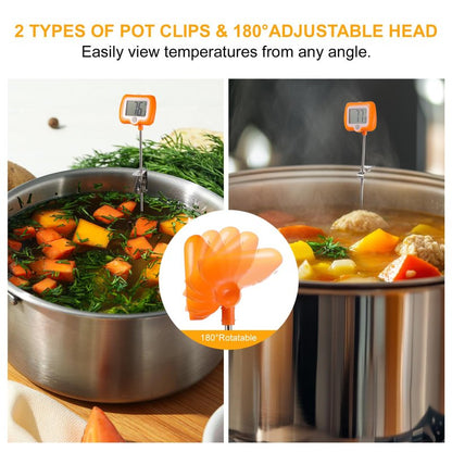 2 Pcs Digital Candy Thermometer with Pot Clip, Waterproof Instant Read Thermometer for Cooking Baking Frying, Deep Fryer Thermometer for Oil Sugar Turkey Candle Making, Long Probe Rotatable Display