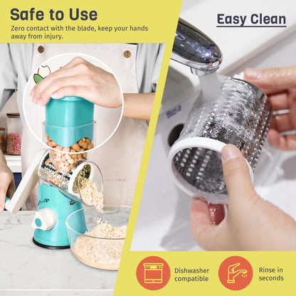 X Home Rotary Cheese Grater for Kitchen, Shredder with 3 Interchangeable Blades, Rotary Grater with Handle and Strong Suction Base, for Vegetables, Fruit, Nuts, Easy to Use and Clean, Blue