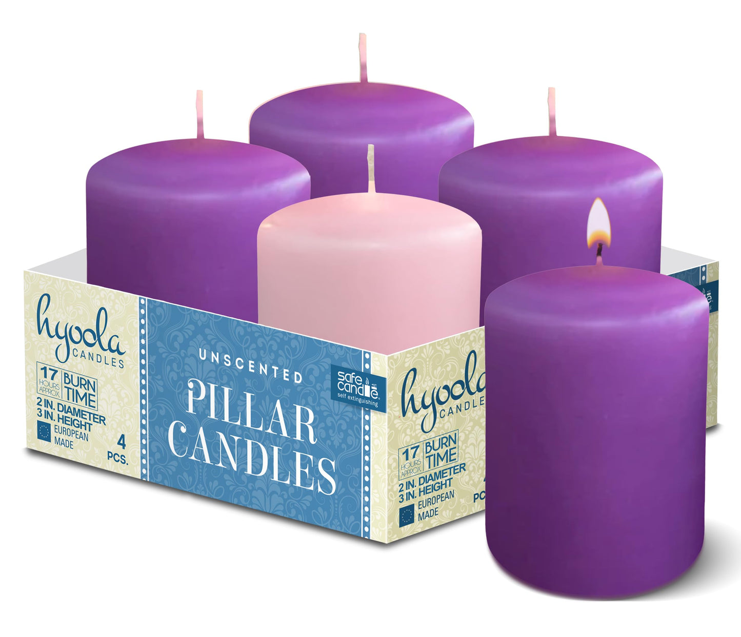Hyoola Advent Candles Set of 4 - Unscented Pillar Candles 2x3 Inch - Made in Europe - Holiday & Advent Wreath Candles