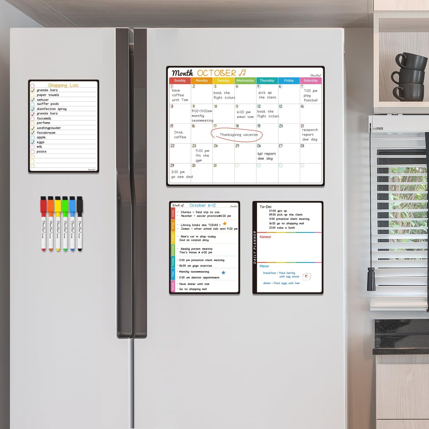 Magnetic Dry Erase Monthly Calendar Set - 14.5"x11" Monthly Calendar, 6.5"x8.5" Weekly, Daily, List Boards for Fridge - 6 Extra Fine Point Markers Included - Shipped Flat