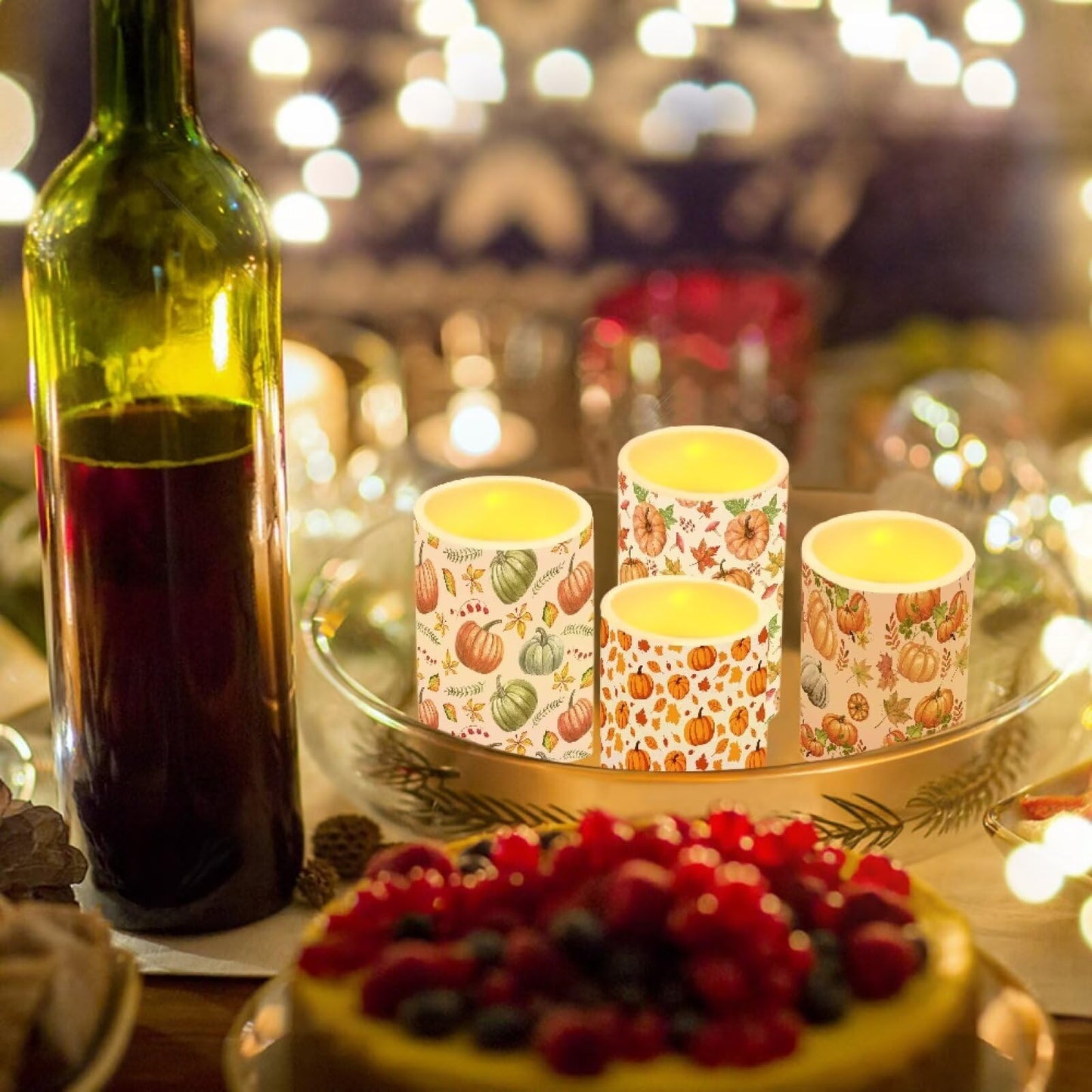 NETILGEN Thanksgiving Day Decor Flameless Electric Candles LED Pillar Candles with Remote Timer Control for Home Decoration, 4 Pcs, Autumn Harvest Pumpkins Print