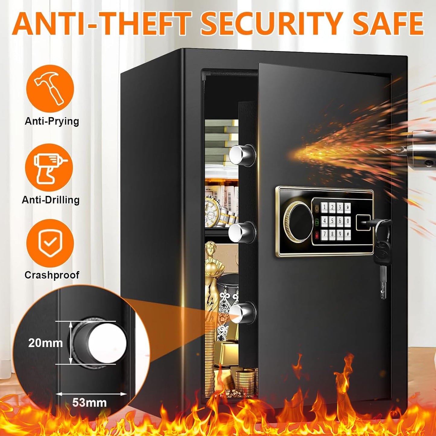 3.4 Cuft Large Fireproof Safe Box for Home, Digital Security Safe Fireproof and Waterproof with Programmable Keypad and Key Lock, Home Fire Safe for Document Money Valuables