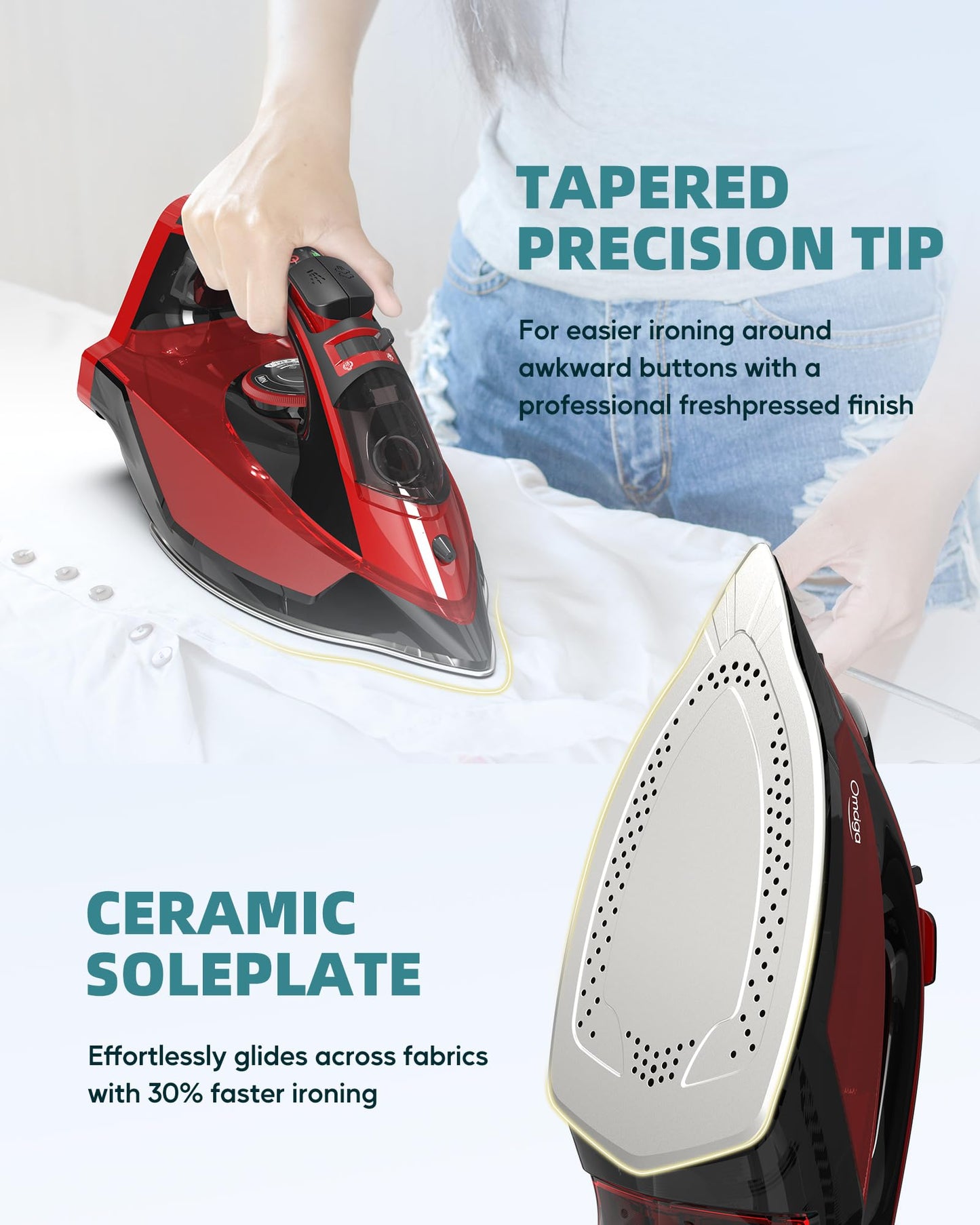 OMAIGA Cordless Iron for Clothes, 1500W Wireless Steam Iron with Ceramic Soleplate, 360 Degree Power Base, Auto Shut Off, Self-Clean, Anti-Calc, 3 Temperature Settings, 11.84oz Water Tank, Red