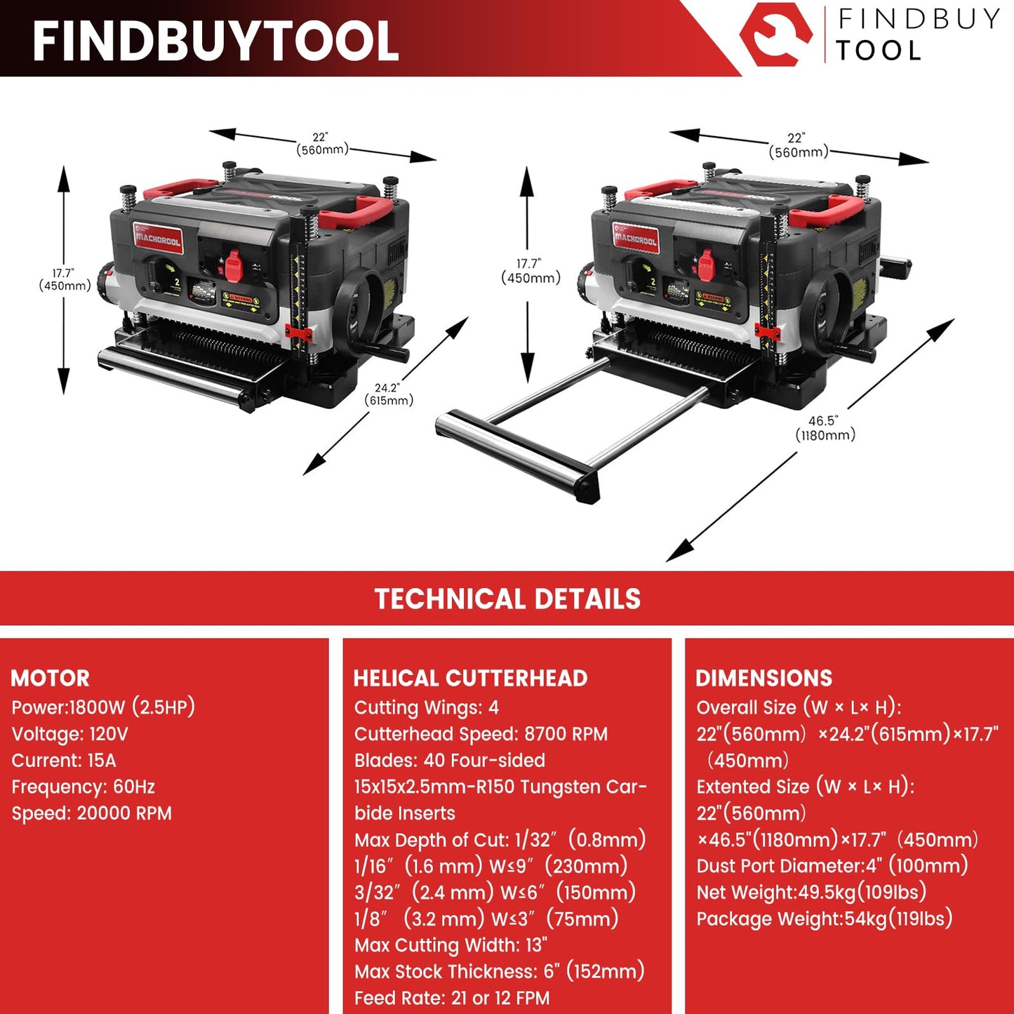 FINDBUYTOOL 13-Inch Thickness Planer with Helical Cutterhead - 2.5HP Motor, 2-Speed (21/12 FPM), 40 Carbide Inserts, Precision Depth Adjustment, Dust Port, LED Light- Professional Woodworking Tool