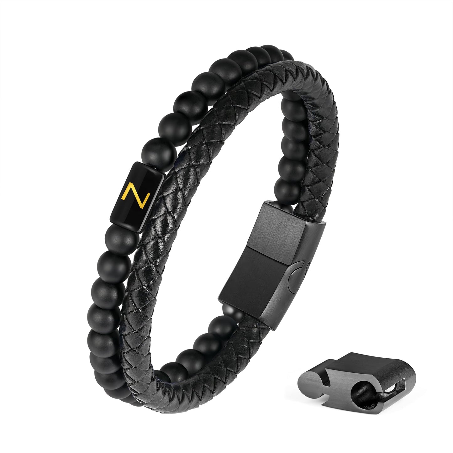 Mens Leather Bracelet with Initial - Men Gift Matte Agate Bead Magnetic Clasp Black Leather Bracelets Mens Gifts Men Bracelets with Initial Z Bracelet for Men's Jewelry Men's Gifts for Dad Husband Him