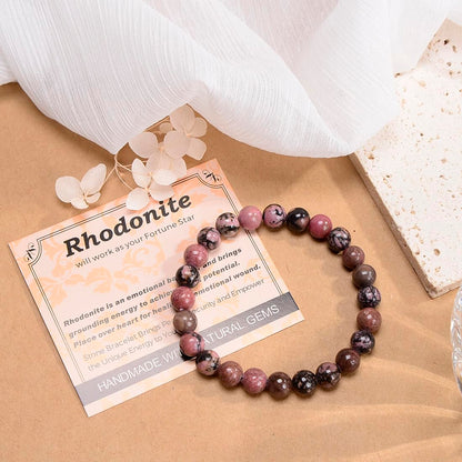 MASSIVE BEADS Pink Black Rhodonite - Stone of Fortune - Handmade Yoga Stretch Elastic Bracelet Natural Stone Crystal Healing Power Energy Gifts for Unisex Adult 6mm