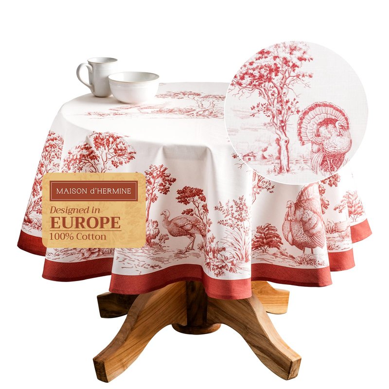 Maison d' Hermine Table Cloth Round Table 100% Cotton 63 Inches Fall Tablecloth Reusable Everyday Use for Thanksgiving Christmas Decorations Dining Farmhouse Party (Holy Jouy - Red)