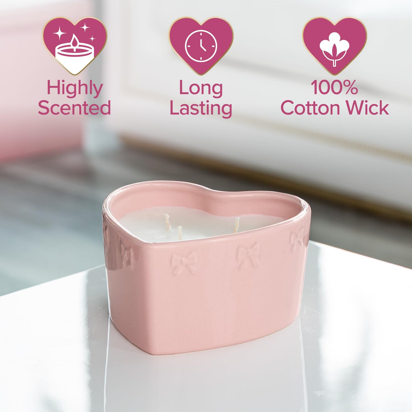 Paris Hilton Cashmere Coast Scented Candle, Pink Heart-Shaped Ceramic Vessel with Embossed Bow Detail, Premium Plant Wax Blend, 3-Wicks, 12-Ounce