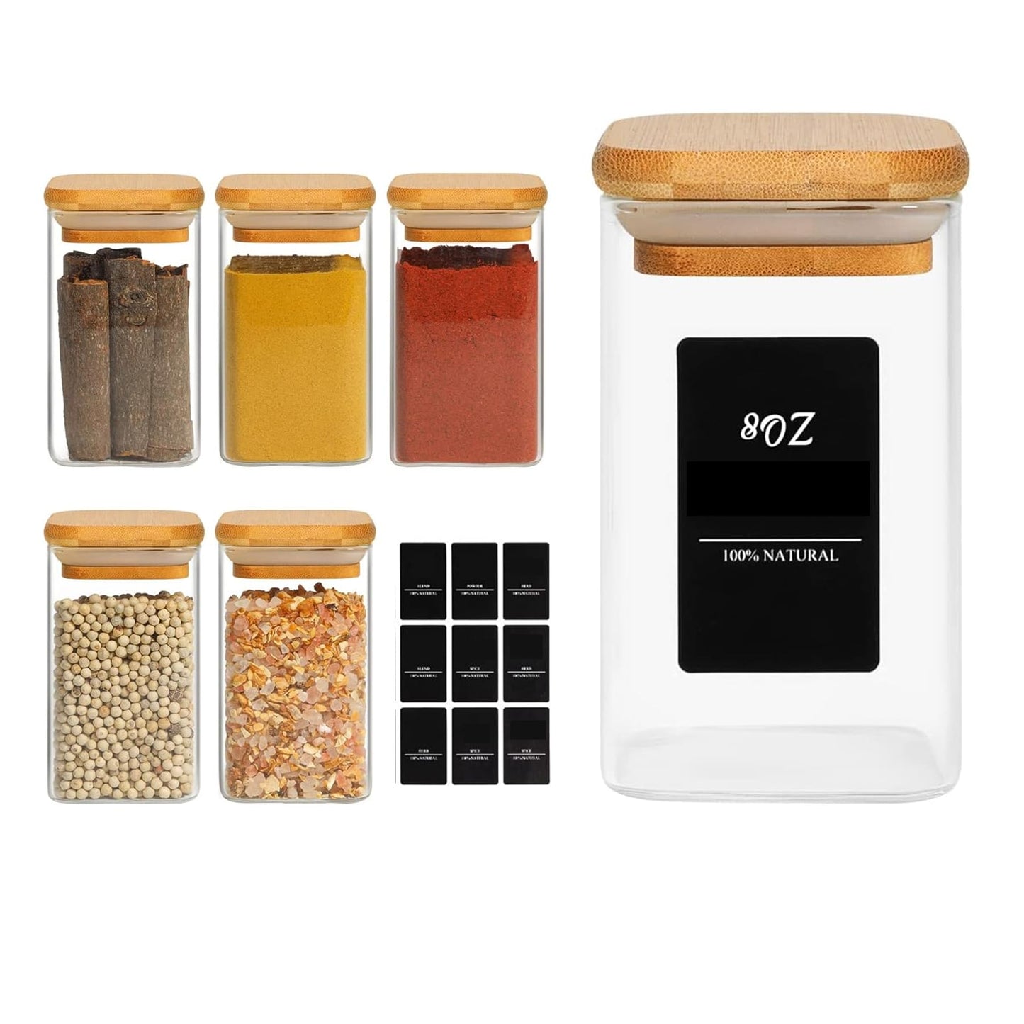 ComSaf 16Pcs Glass Spice Jars with Bamboo Lid, 4oz Airtight Square Spice Containers with 275 Black Lables, Empty Seasoning Jars for Spice Salt Sugar