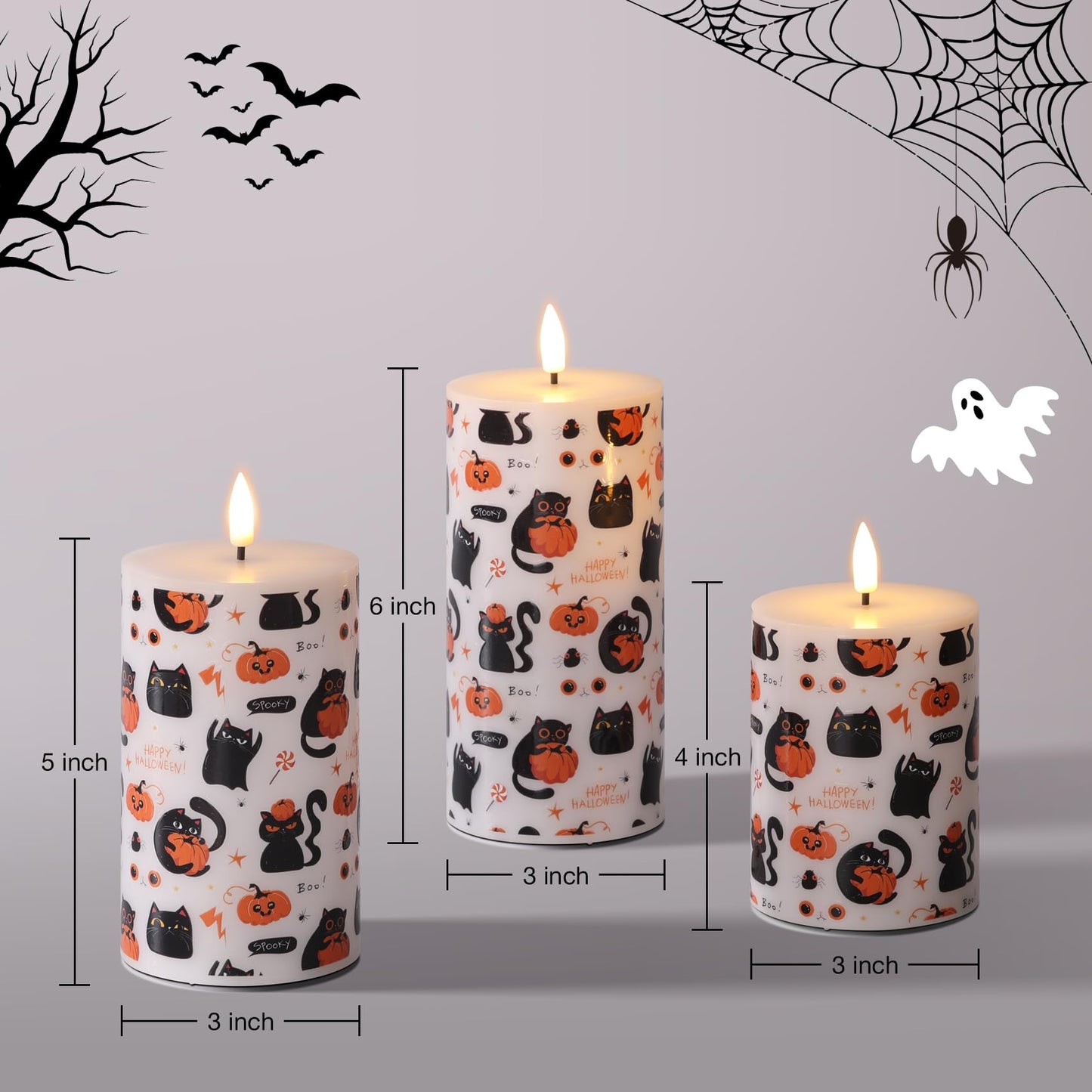 Girimax Halloween Flameless Pillar Candles with Remote, Black Cat Pumpkin LED Wax Candles Battery Operated Set of 3