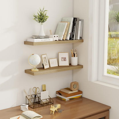 Fun Memories Floating Shelves for Wall, 24" Rustic Wood Deep Wall Mounted Shelves with Invisible Brackets for Decor & Storage, Floating Shelf for Living Room, Bathroom (Oak, Set of 2)